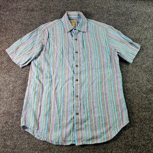 Jos A Bank Shirt Mens Medium Linen Short Sleeve Striped Easter Colorful Pastel